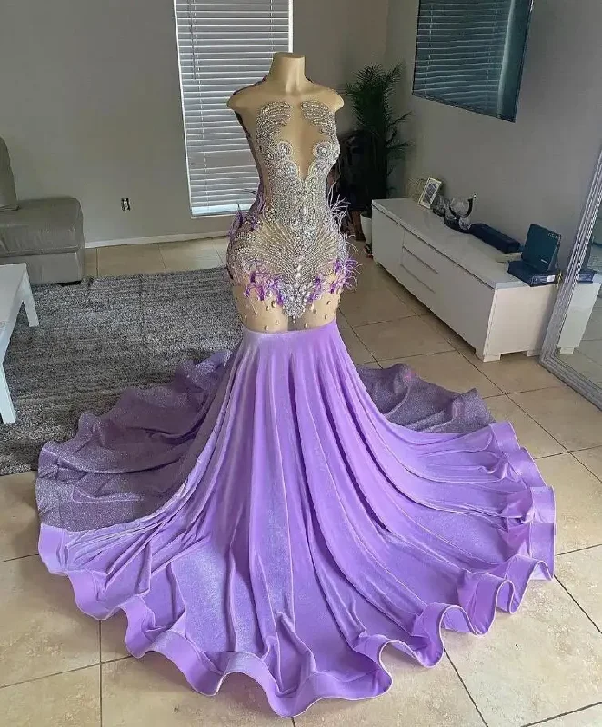 Buy More, Save More Rustic Countryside Charm Look Lilac Purple Long Memraid Prom Dress for Women Silver Diamond Crystal Feather Black Girl Birthday Evening Gown