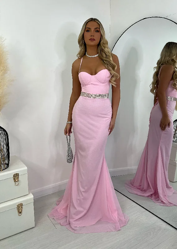 Chic Styles Feminine Grace Secret Love Glitter Mesh Gown with Diamante Belt - Pink