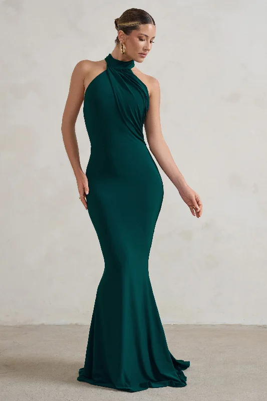 Explore What'S New Luxe Layering Marion | Green High Neck Maxi Dress With Statement Train