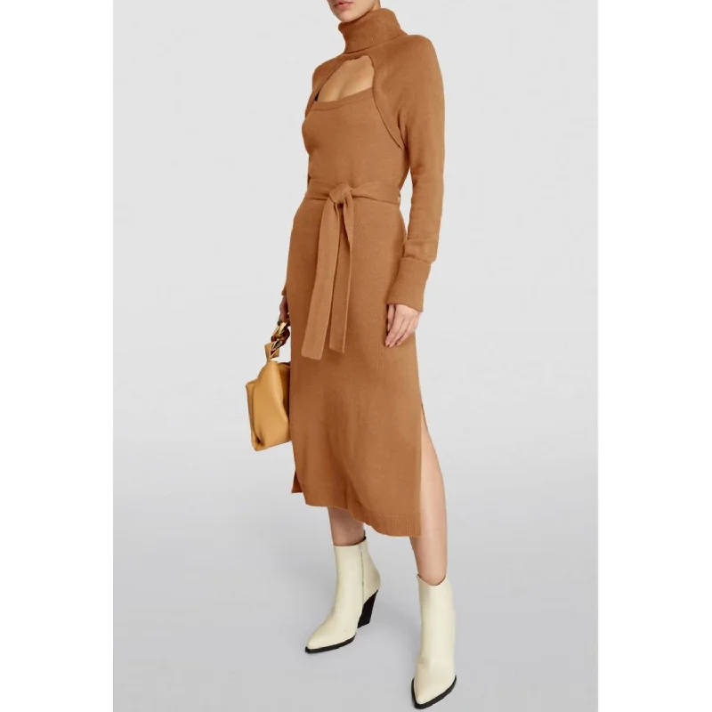 Break Fashion Norms Exquisite Craftsmanship Cherise Cutout Sweater Midi Dress In Toffee