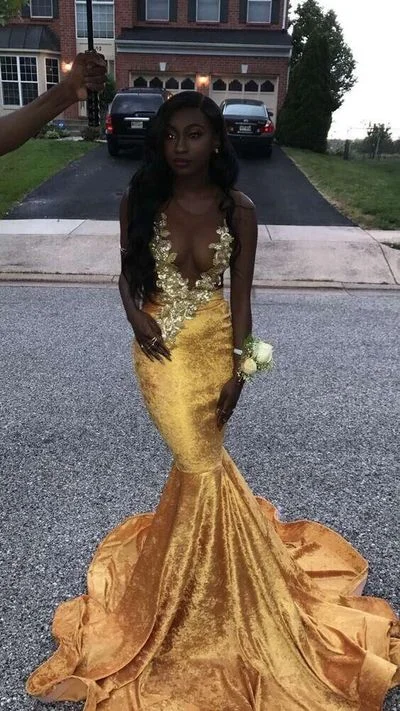 Polished Style Deals Bold Patterns Mermaid Black Girl African Girl Prom Dresses Sheer Crew Neck Appliques Evening Formal Gowns