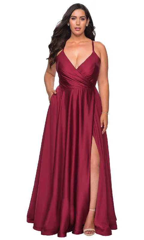 Summer Deals Elevated Style La Femme - 29033 Plunging V-neck Satin A-line Simple Prom Gown