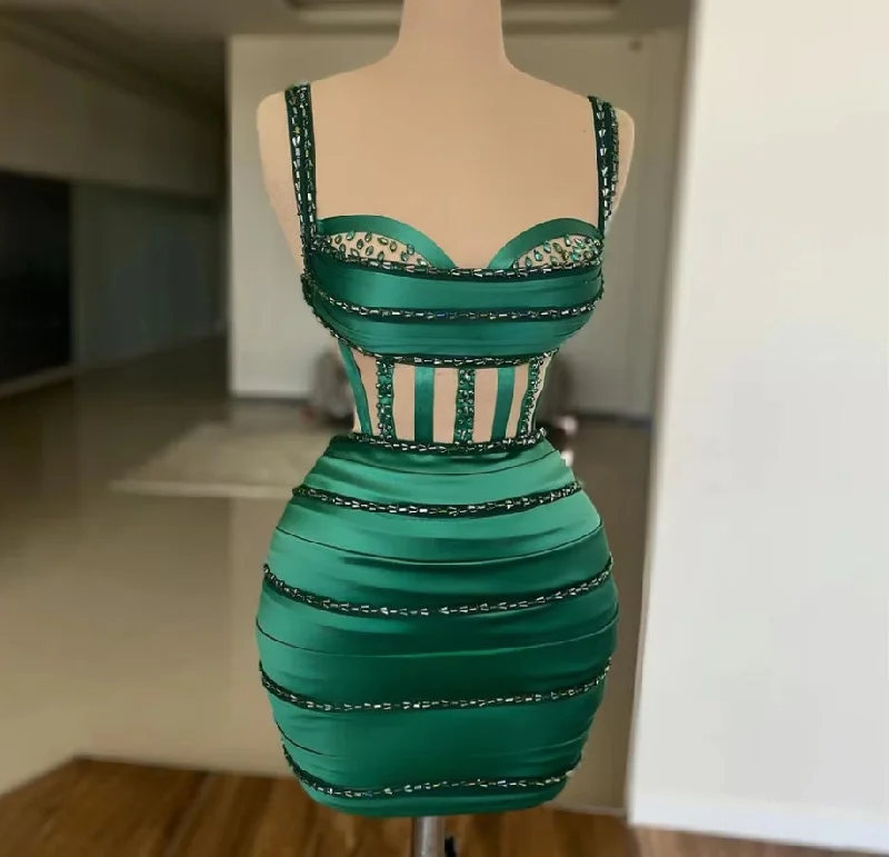 Fashion Deal Flowing Silhouette Dark Green Mini Cocktail Party Gowns Spaghetti Straps Pleats Beadings Dubai Evening Dresses Saudi Arabia Clubbing Dress