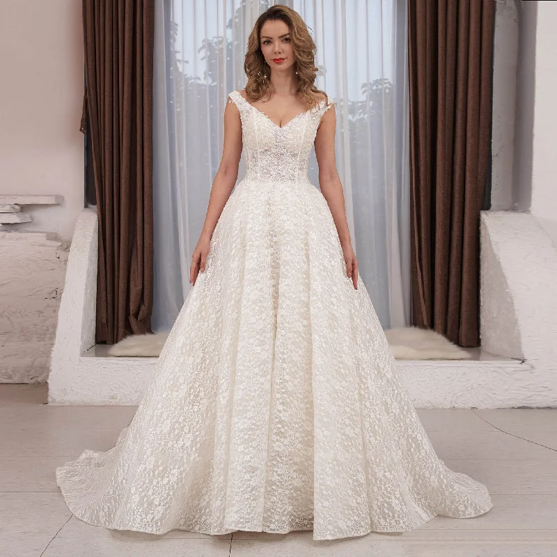 Holiday Attire Sale Limited - Stock Cap Sleeve Double V A-line Lace Wedding Dress with Royal Train