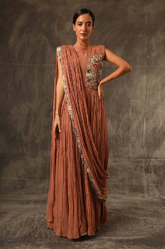 Vintage-Modern Style Offers Feminine Grace Cinnamon Brown Embroidered Saree Gown