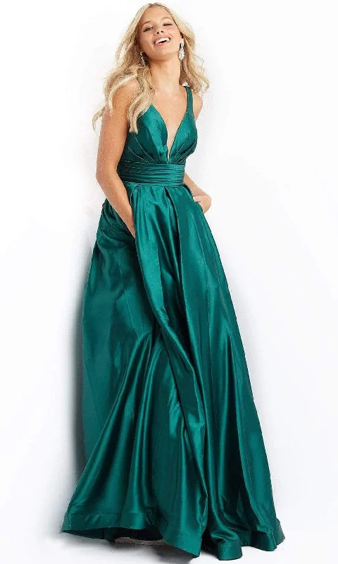 Top Deals Coastal Beach - Inspired Style JVN by Jovani - JVN08419 Plunging Satin A-Line Gown