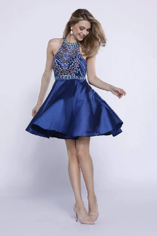 Hurry Before It'S Gone Romantic Detailing Nox Anabel 6251 Bejeweled High Halter Satin Dress in Navy