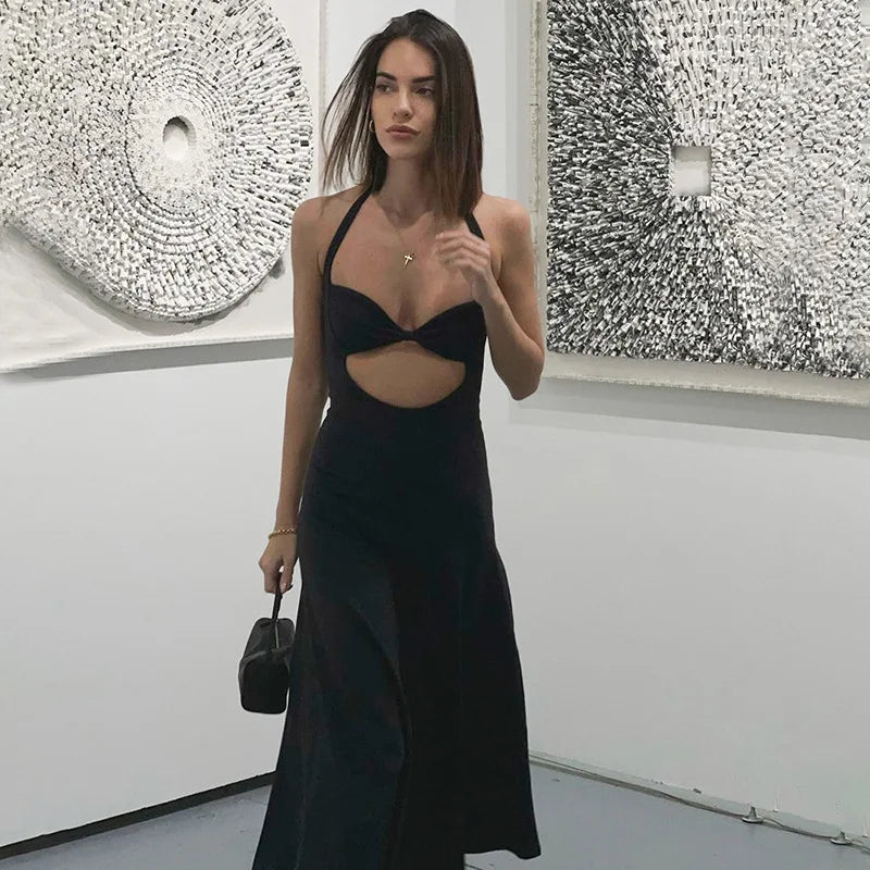 Limited Edition Luxury Style Sexy Backless Long Club Party Outfits Women Sleeveless Halter Black Gown Cut Out Dress