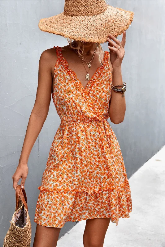 Clearance Event Effortless Comfort V-Neck Floral Ruffle Mini Dress | Orange