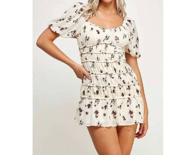 Style Redefined Art Deco Geometric Pattern Look Puff Sleeve Mini Dress In Cream