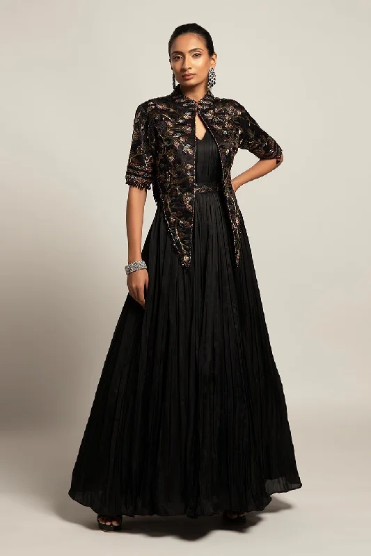 Huge Markdowns Polished Finish Black Dapper Embroidered Gown & Short Chic Jacket Set