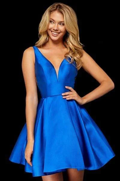 Refined Fashion Sale Disco - Inspired Retro Dance Look Sherri Hill - Illusion Deep V Bodice Satin Short A-Line Dress 52179 - 1 pc Royal In Size 6 Available