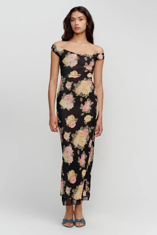 Vintage-Inspired Style Offers Feminine Elegance Marla Black Vintage Roses Micro Mesh Maxi Dress