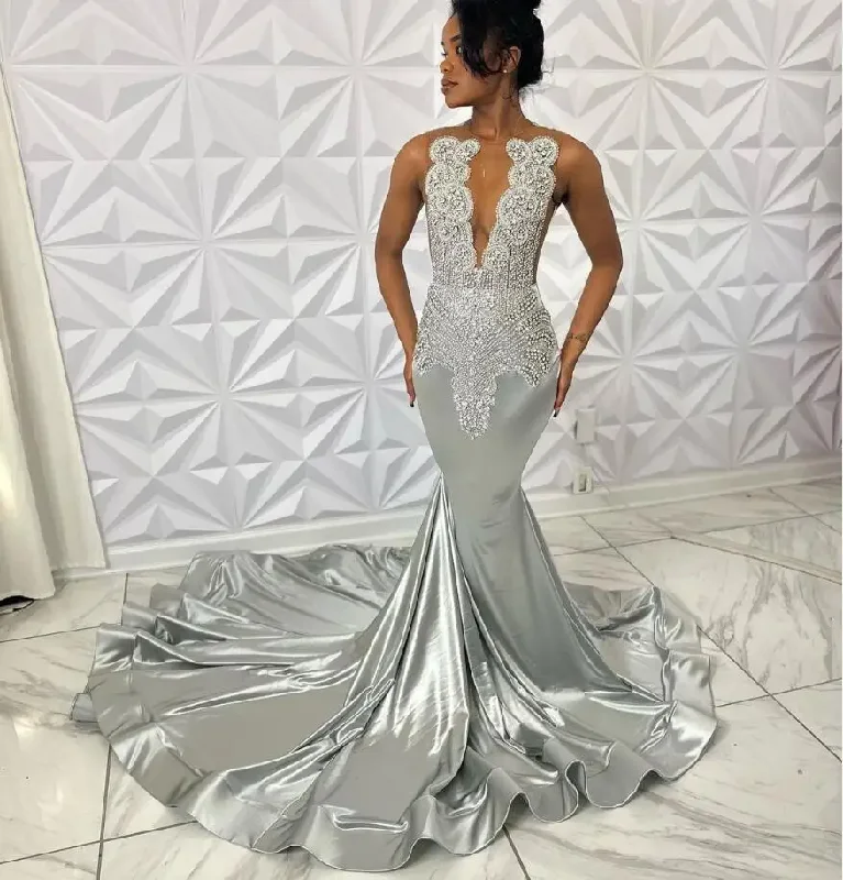 Gift Ideas Vintage Retro Party Wear Silver Diamond Sparkly Long Prom Formal Dresses for Black Girl Luxury Crystal Gillter Mermaid Evening Gown