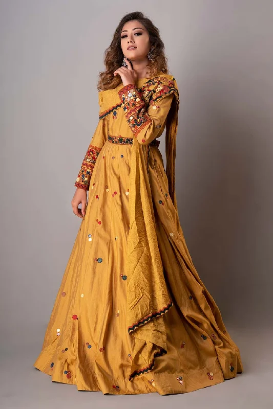 Limited Time Offer Urban Sophistication Mustard Embroidered Gown With Belt