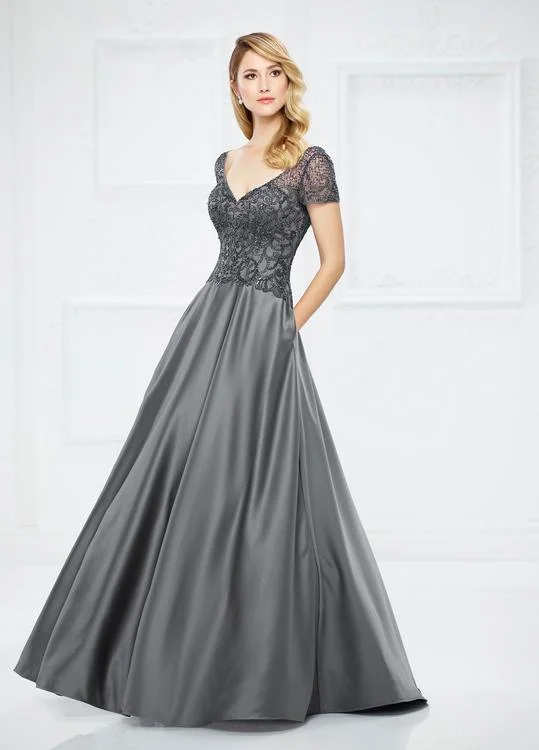 Flirty Fashion Discounts Minimalist Chic Mon Cheri Short Sleeve Beaded Long Satin Gown - 1 pc Charcoal In Size 6 Available