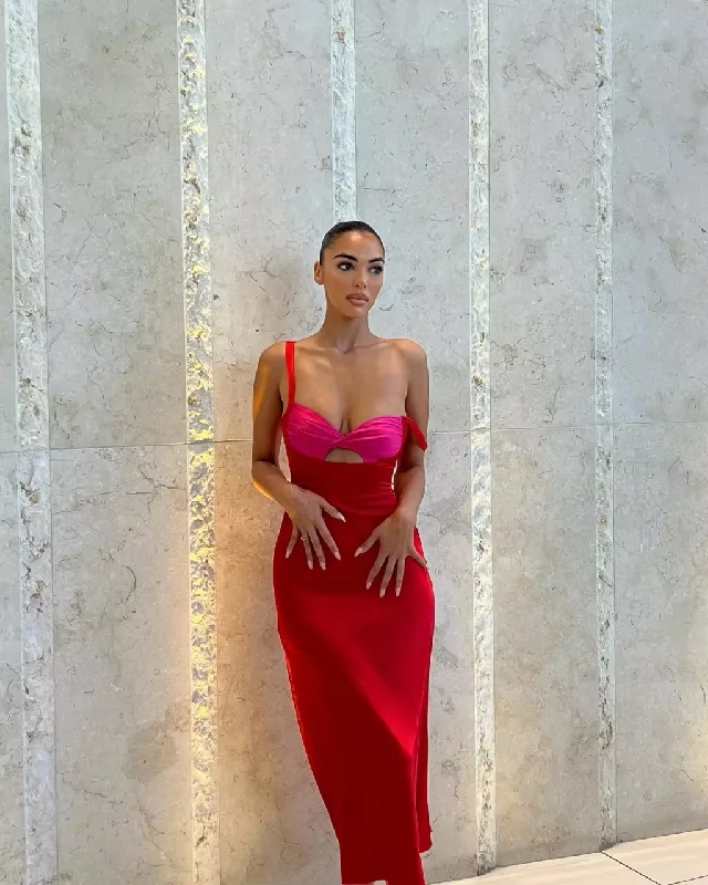 Sophisticated Fashion Romantic Detailing Elegant Bicolor Red & Hot Pink Prom Gown Ankle Length Women Clothing Straight Sleeveless Square Neck Evening Dresses