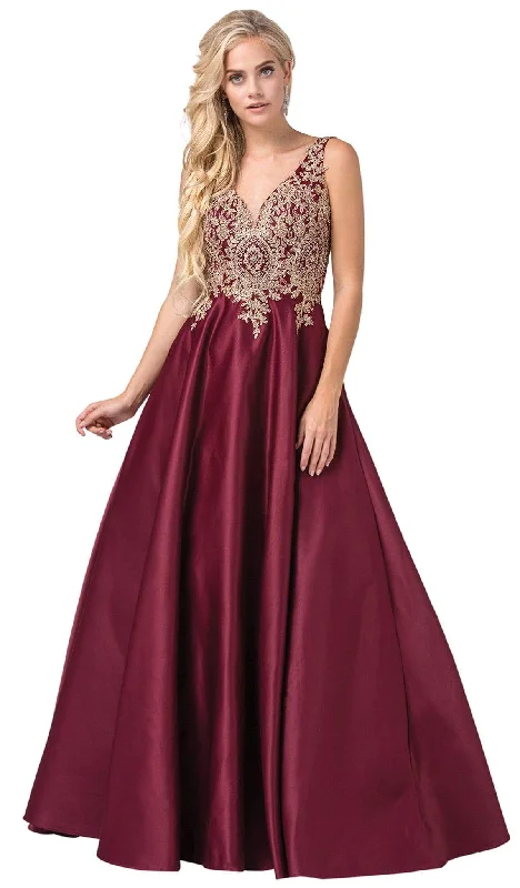 Budget Saver Feminine Allure Dancing Queen - 2533 Gold Embellished Lace Bodice Satin A-Line Gown