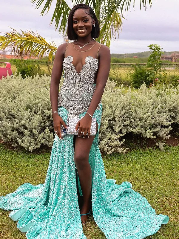 Style Breakthroughs Tropical Island - Inspired Attire Sparkly Sequins Mermaid Prom Dresses  Silver Rhinestone Beads See Thru Long Slit Birthday Party Gowns Customized