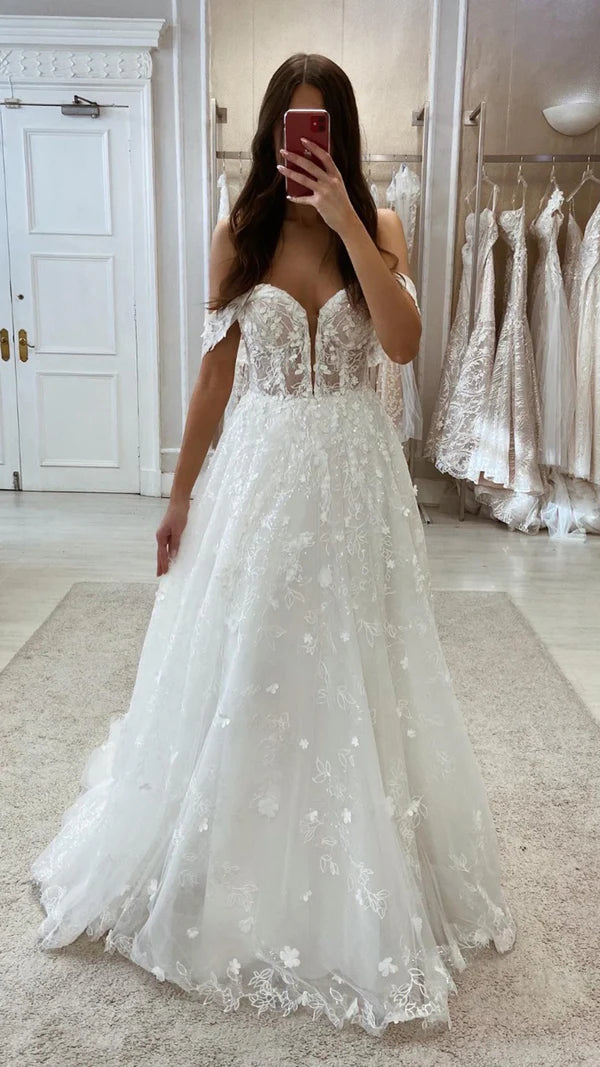 Trendy Styles Refined Simplicity Sweetheart Off Shoulder sheer A-line lace decal illusion empire wedding dress