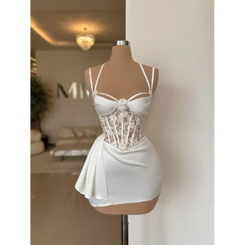 Premium Fashion Feminine Elegance Sexy White Prom Dress Women Spaghetti Above Knee Appliques Illusion Short Mini Skirt Prom Gown Special Occasion Party Vestido