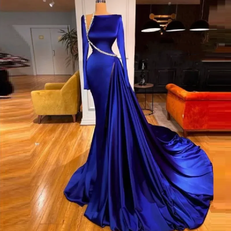 Fashion-Forward Effortless Grace Vestidos De Noche Largos Modest Evening Dresses Long Sleeves Royal Blue Beaded Luxury Formal Party Gowns Women Robe De Soiree