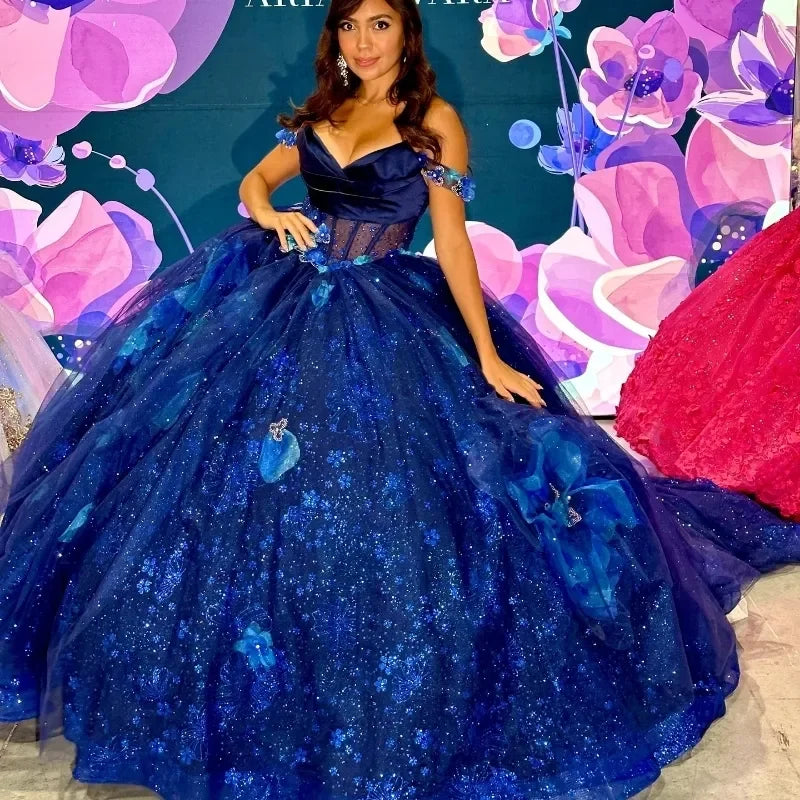 Limited Stock, Big Sale Charming Silhouette Special Navy Blue V-Neck Quinceanera Dress Sequin Off The Shoulder Sweep Train Ball Gown Tulle Princess Prom Dress Customized