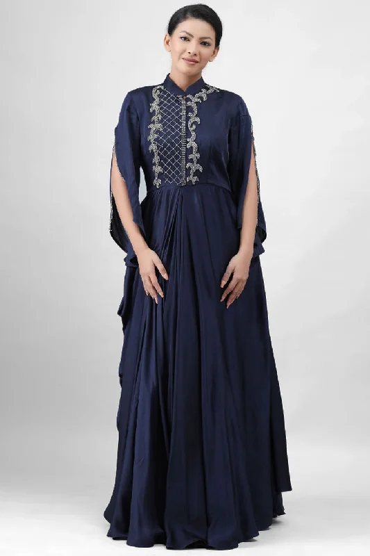 Huge Price Cut Dreamy Aesthetic Navy Blue Embroidered Pleated Gown