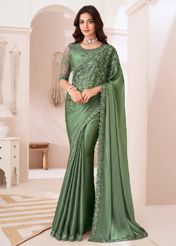 Summer Deals Polished Finish Attractive Dusty Green Satin Silk Designer Wear Saree