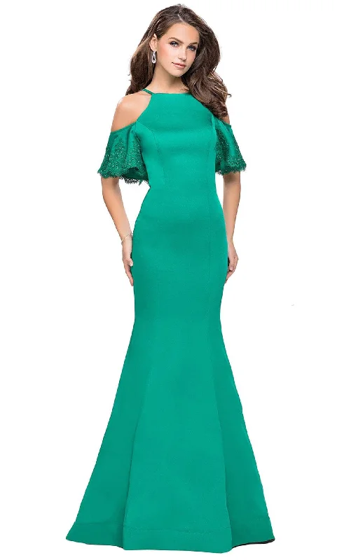 Vibrant Style Promotions Limited - Stock La Femme - 26145 Lace Trimmed High Halter Satin Mermaid Gown