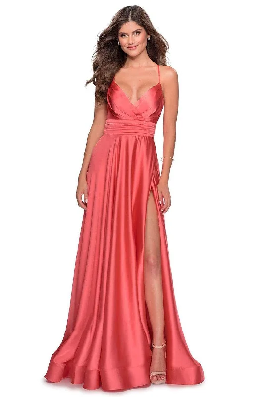 Special Offers Sophisticated Cut La Femme - 28571 Satin Deep V-neck A-line Gown