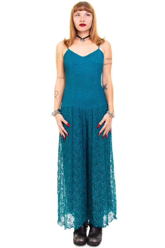 Latest Trends Classic Appeal Vintage 80's Dark Romantic Teal Lace Floral Dress - S/M/L