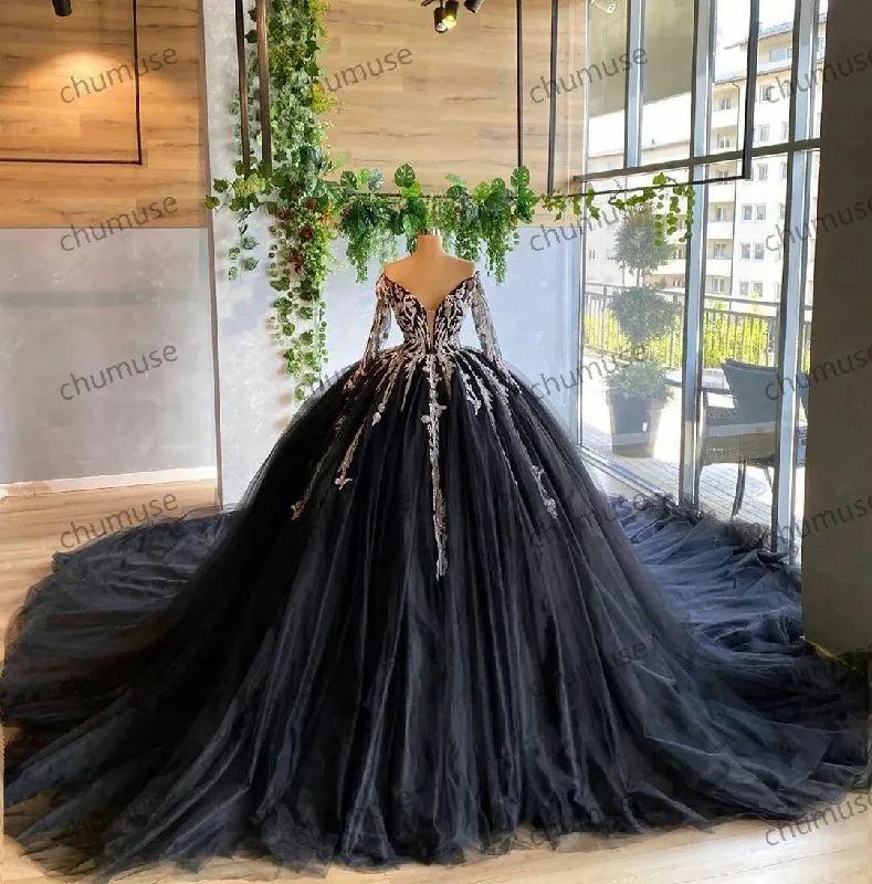 Huge Price Cut Feminine Flow Black Ball Gown Quinceanera Dresses Off Shoulder Long Sleeve Lace Appliques Prom Dress