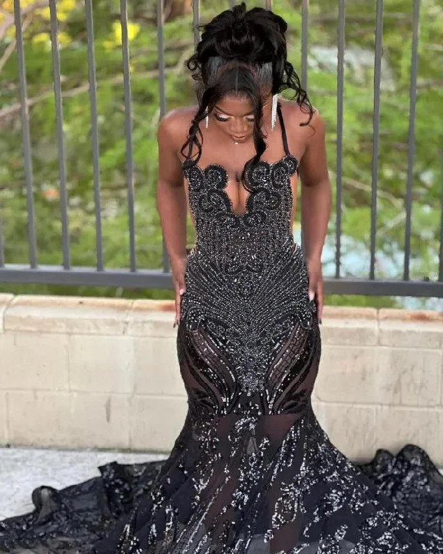 Flash Sale Starts Coastal Beach - Inspired Style Luxury Trumpet Long Evening Formal Dress for Women Crystal Diamond Applique Black Girl Prom Queen Gown