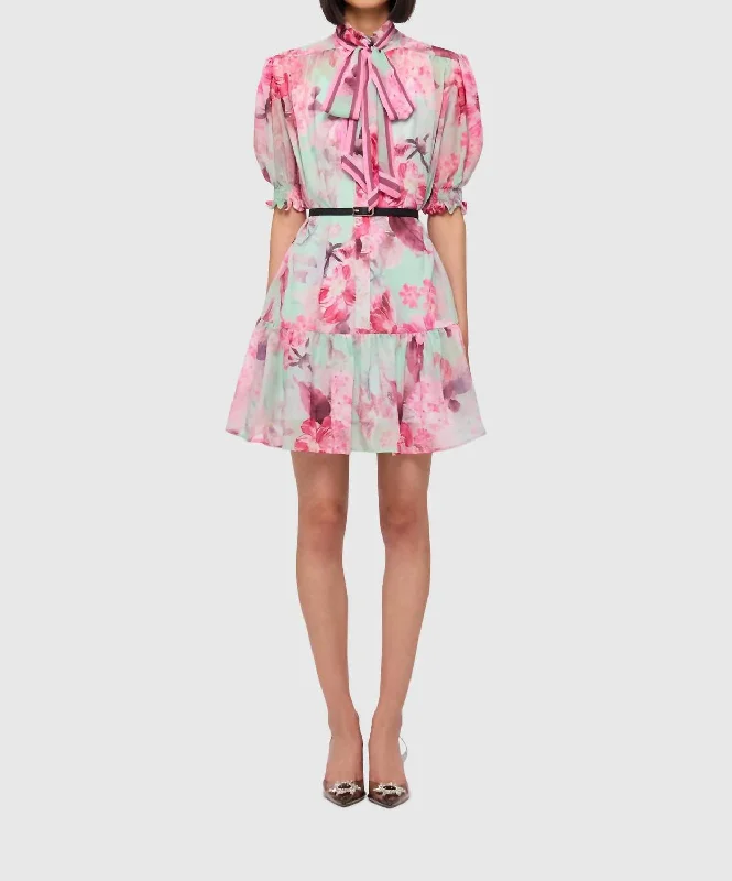 Hot Items Refined Look Agnes Camellia Print Tie Neck Mini Dress In Fuschia