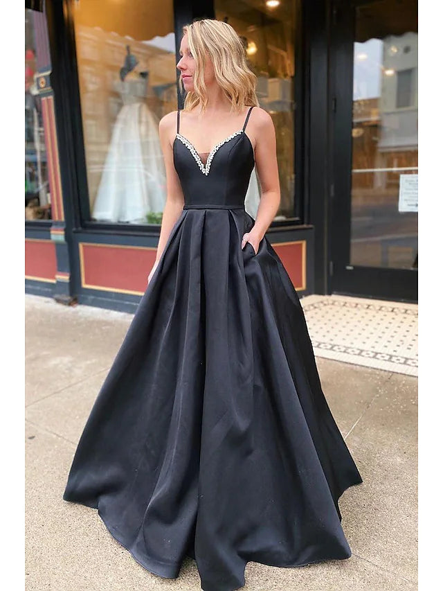 On-Trend Fashion Offers Nordic Minimalist Home Look Prom Dresses Open Back Dress Formal Floor Length Sleeveless V Neck Pocket Stretch Satin Backless with Pleats Beading Pocket