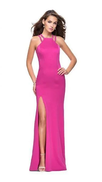 Hot Picks Effortless Comfort La Femme - Sleeveless High Halter Satin Sheath Gown 25540SC - 1 pc Hot Fuchsia In Size 0 Available