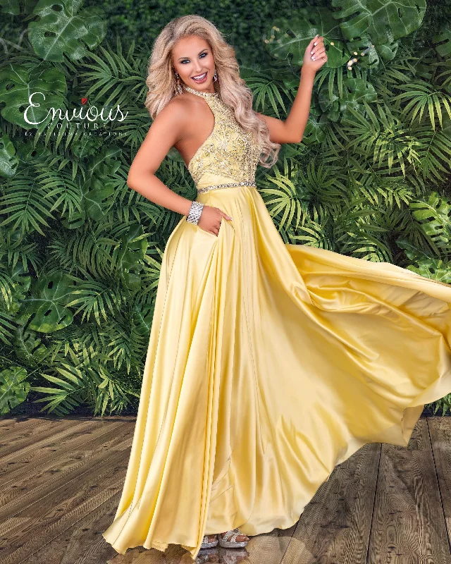 Latest Trends Effortless Comfort Envious Couture E1404 Size 2 Yellow Prom Dress Long Satin Embellished High-Neckline