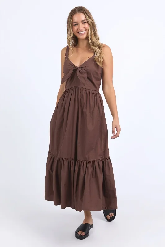 Fresh Styles, Fresh Deals Casual Weekend Relaxed Style Esmerelda Chocolate Frint Tie Tiered Maxi Dress