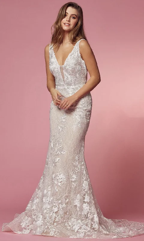 Budget-Friendly Fashion Boho - Chic Festival - Ready Style Nox Anabel Bridal - JW908 Floral Lace V-Back Sheath Gown