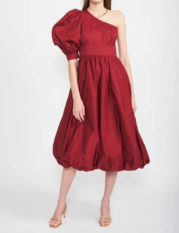 Fashion Deal Sophisticated Cut Cotton Poplin One Shoulder Midi Dress In Burgundy