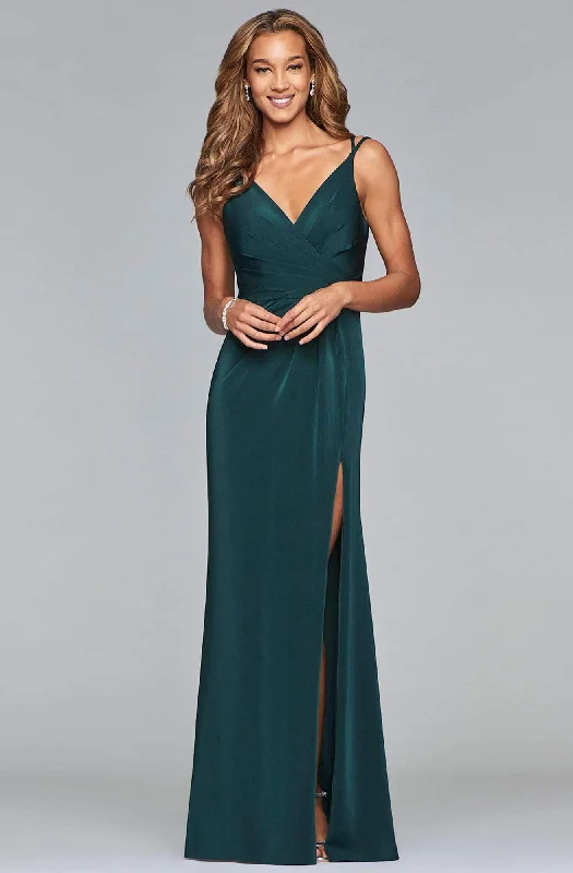 Fashionable Comfort Promotions Vintage Look Faviana - 7755 Sleeveless V Neck High Slit Faille Satin Dress