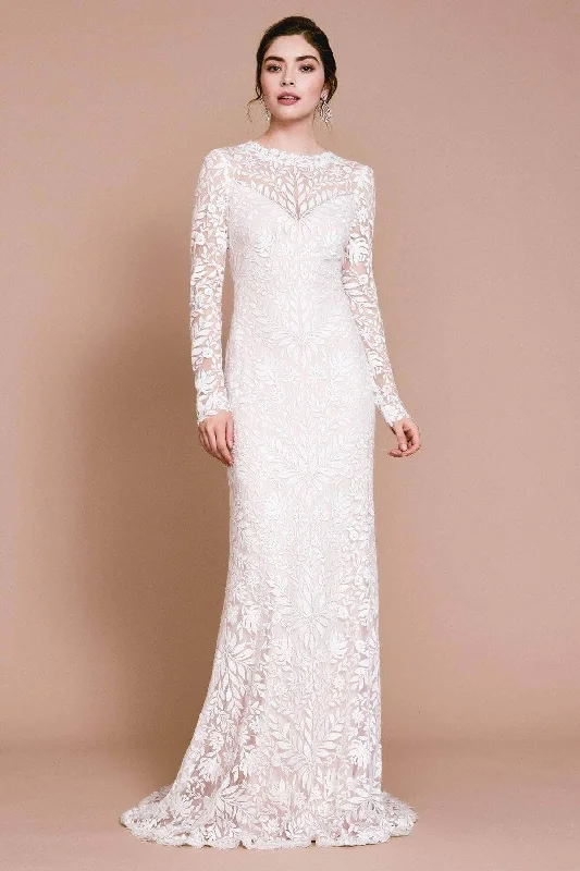 Hot Styles Disco - Inspired Retro Dance Look Tadashi Shoji - Long Sleeve Embroidered Bateau Wedding Dress