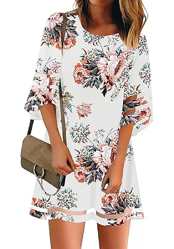 Trend Leading Collection Final Clearance Floral Pirnt Brilliant White Women Casual Crewneck Mesh Panel 3/4 Bell Sleeve Loose Tunic Dress