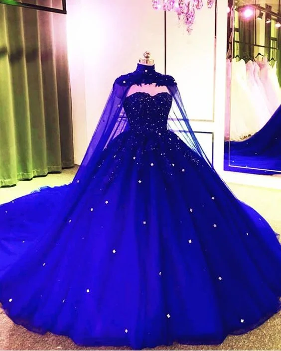 Cool Prices Chic Allure Royal Blue Tulle Ball Gown Prom Dress With Cape  S8255