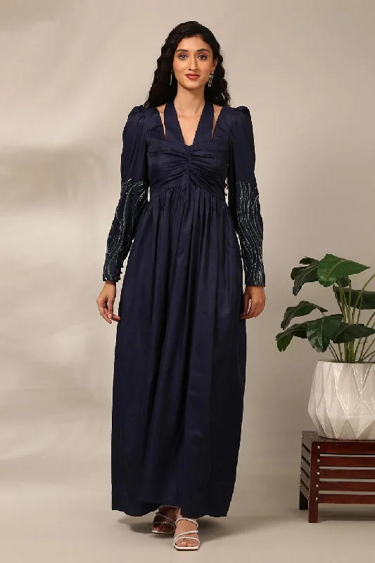 Seasonal Picks Romantic Flair Blue Embroidered Ruched Gown