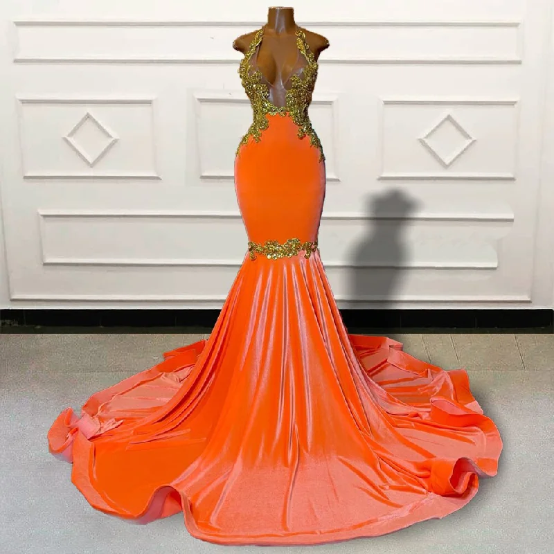 Trendy Looks On Sale Today Only Gold Lace Orange Mermaid Long Prom Dresses for Graduation Party Sexy Sheer Mesh Backless Women Custom Formal Evening Gown