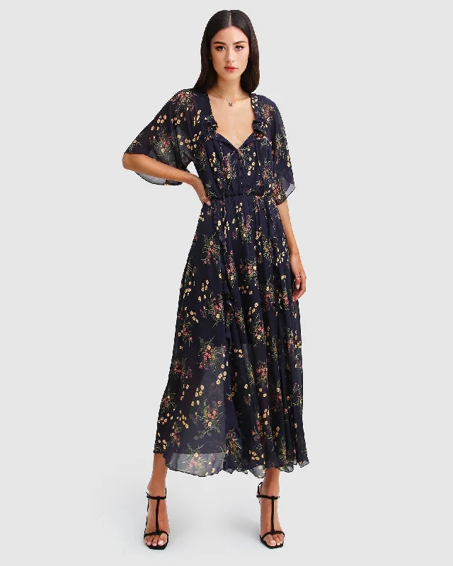 Snag Fabulous Fashion Bargains Boho Chic Amour Amour Ruffled Midi Dress - Navy