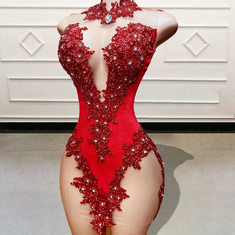 Day-To-Night Styles Effortless Sophistication Luxury Diamond Red Short Prom Dresses for Birthday Party Beaded Appliques Sexy Women See Through Mini Cocktail Gowns