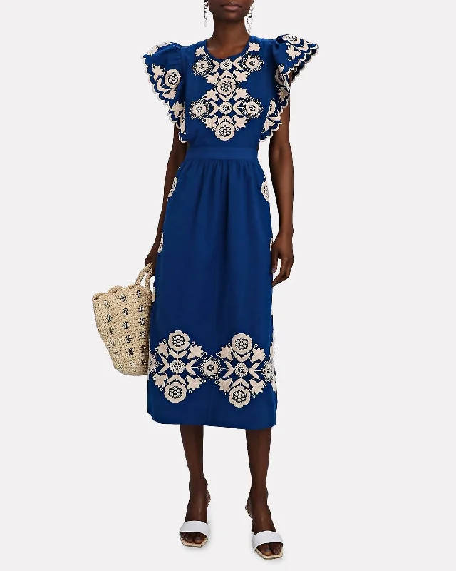 Luxe Style Discounts Effortless Comfort Manuela Embroidered Apron Midi Dress in Blue